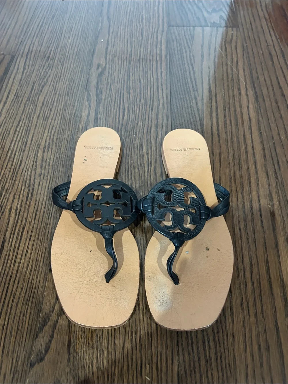 Tory Burch Black Leather Logo Thong Sandals with Natural Footbed